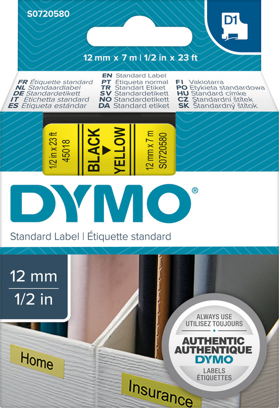Ruban DYMO® D1 (12mm) jaune/noir